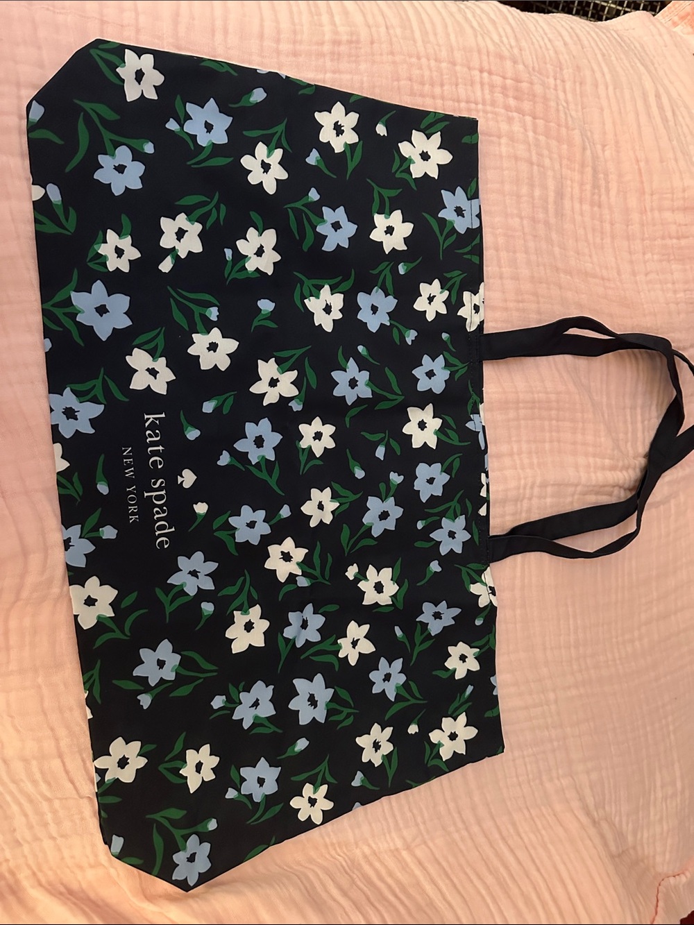 kate spade navy floral tote with light blue and white blooms NWOT